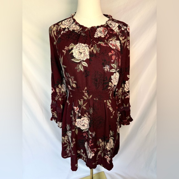 American Rag Dresses & Skirts - American Rag Burgundy Floral Long Sleeve Smocked Waist Mini Dress Peasant Boho